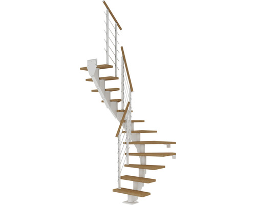 Escalier à crémaillère Pertura Malva blanc 1/2 tournant 65 cm garde-corps à barres verticales chêne lamellé-collé huilé 12 marches/13 pas de marche