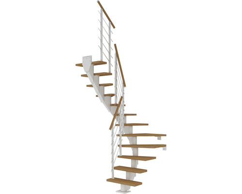 Pertura Mittelholmtreppe Malva weiss 1/2-gewendelt 65 cm Stabgeländer Eiche Geölt 13 Stück Stufen - 14 Steigungen Pertura Mittelholmtreppe Malva weiss 1/2-gewendelt 65 cm Stabgeländer Eiche Geölt 13 Stück Stufen - 14 Steigungen