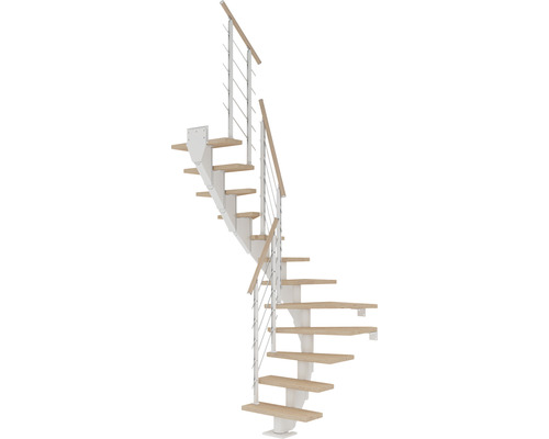 Escalier à crémaillère Pertura Malva blanc 1/2 tournant 65 cm garde-corps à barres verticales chêne blanc huilé 12 marches/13 pas de marche