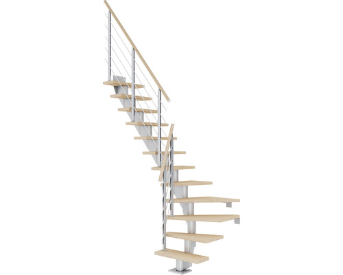 Pertura Mittelholmtreppe Malva perlgrau 1/4 gewendelt unten links/rechts 75 cm Stabgeländer Eiche Weiss geölt 12 Stück Stufen - 13 Steigungen