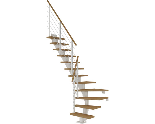 Pertura Mittelholmtreppe Malva weiss 1/4 gewendelt unten links/rechts 75 cm Stabgeländer Eiche Leimholz Geölt 13 Stück Stufen - 14 Steigungen