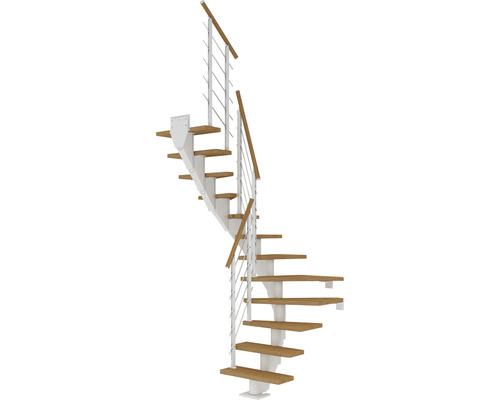 Pertura Mittelholmtreppe Malva weiss 1/2-gewendelt 75 cm Stabgeländer Eiche Leimholz Geölt 13 Stück Stufen - 14 Steigungen