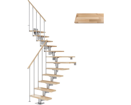 Escalier à limon central Pertura Chiron gris perle 75 cm garde-corps à barres verticales hêtre bois lamellé-collé vernis 11 marches 12 pas de marche