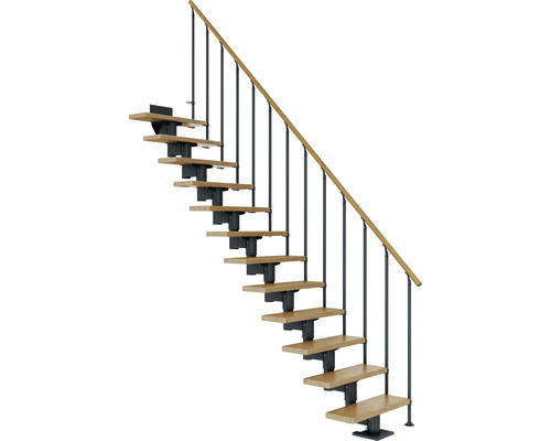 Escalier à crémaillère Pertura Chiron anthracite droit 75 cm garde-corps à barres verticales chêne verni 11 marches/12 pas de marche