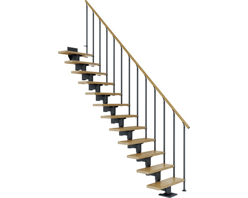 Escalier à crémaillère Pertura Chiron anthracite droit 75 cm garde-corps à barres verticales chêne lamellé-collé verni 12 marches/13 pas de marche