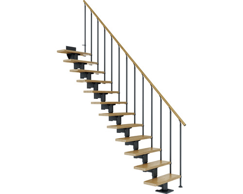 Escalier à limon central Pertura Chiron anthracite 75 cm garde-corps à barres verticales chêne vernis 14 marches 15 pas de marche