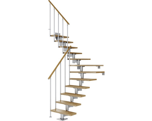 Escalier à limon central Pertura Chiron gris perle 75 cm garde-corps à barres verticales chêne vernis 11 marches 12 pas de marche