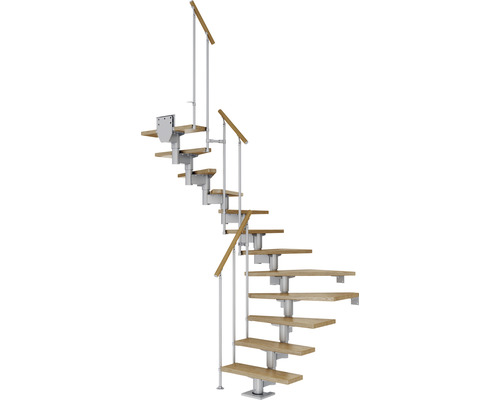 Escalier à limon central Pertura Chiron gris perle 75 cm garde-corps à barres verticales chêne vernis 14 marches 15 pas de marche