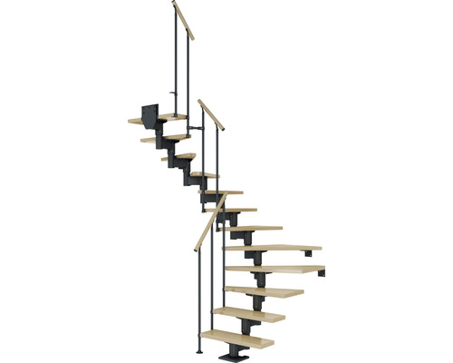 Escalier à limon central Pertura Chiron anthracite 75 cm garde-corps à barres verticales érable bois lamellé-collé vernis 12 marches 13 pas de marche