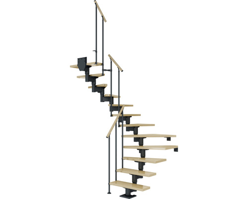 Escalier à limon central Pertura Chiron anthracite 75 cm garde-corps à barres verticales érable bois lamellé-collé vernis 13 marches 14 pas de marche