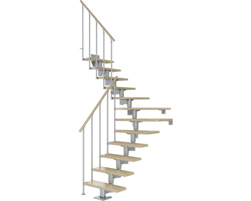 Pertura Mittelholmtreppe Chiron Perlgrau 75 cm Stabgeländer Ahorn Leimholz Lackiert 12 Stufen 13 Steigungen