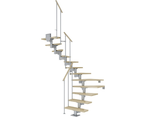 Escalier à limon central Pertura Chiron gris perle 75 cm garde-corps à barres verticales érable bois lamellé-collé vernis 13 marches 14 pas de marche Escalier gain de place avec marches en bois et rambarde en métal