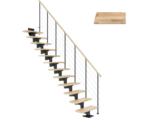 Escalier à limon central Pertura Chiron anthracite 75 cm garde-corps à barres horizontales hêtre bois lamellé-collé vernis 11 marches 12 pas de marche