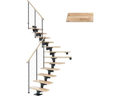 Escalier à limon central Pertura Chiron anthracite 75 cm garde-corps à barres horizontales hêtre bois lamellé-collé vernis 11 marches 12 pas de marche