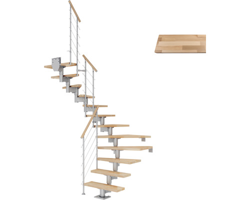 Escalier à limon central Pertura Chiron gris perle 75 cm garde-corps à barres horizontales hêtre bois lamellé-collé vernis 11 marches 12 pas de marche