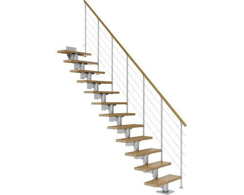 Escalier à limon central Pertura Chiron gris perle 75 cm garde-corps à barres horizontales chêne vernis 14 marches 15 pas de marche