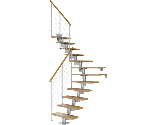 Escalier à limon central Pertura Chiron gris perle 75 cm garde-corps à barres horizontales chêne vernis 14 marches 15 pas de marche