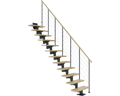 Escalier à limon central Pertura Chiron anthracite 75 cm garde-corps à barres horizontales érable bois lamellé-collé vernis 12 marches 13 pas de marche