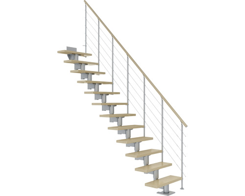 Escalier à limon central Pertura Chiron gris perle 75 cm garde-corps à barres horizontales érable bois lamellé-collé vernis 12 marches 13 pas de marche