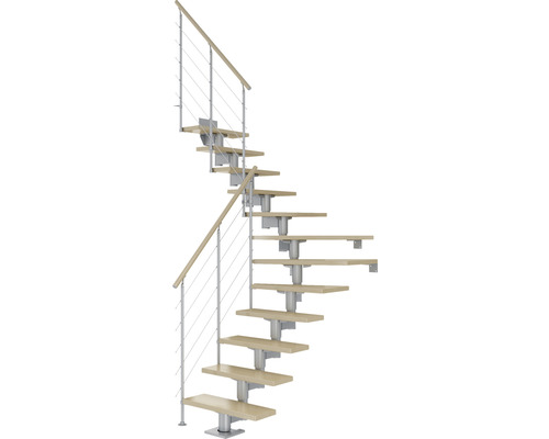 Pertura Mittelholmtreppe Chiron Perlgrau 75 cm Relinggeländer Ahorn Leimholz Lackiert 14 Stufen 15 Steigungen