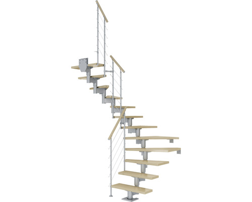 Escalier à limon central Pertura Chiron gris perle 75 cm garde-corps à barres horizontales érable bois lamellé-collé vernis 11 marches 12 pas de marche