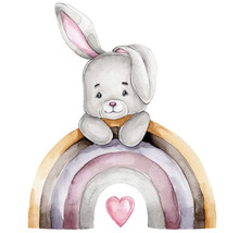 Illustration d''un lapin sur un arc-en-ciel avec un cœur