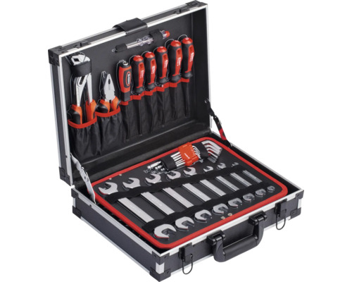 Offener Werkzeugkoffer mit Schraubenschlüsseln, Schraubendrehern, Zangen und Inbusschlüsseln