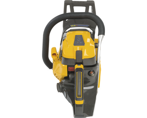 Tronçonneuse jaune et grise vue de derrière