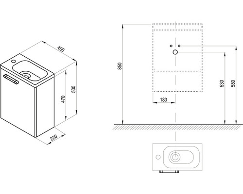 Technische Zeichnung eines Waschtischunterschranks mit Massangaben