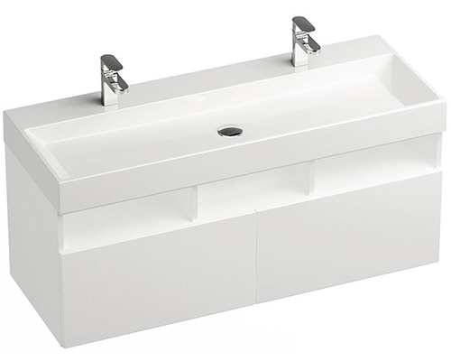 Waschtischunterschrank mit Doppelwaschbecken und zwei Armaturen