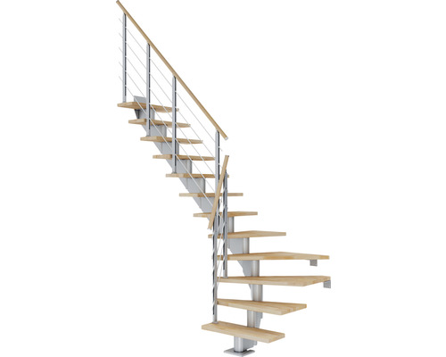 Escalier à limon central Pertura Alena gris perle 75 cm garde-corps à barres horizontales hêtre bois lamellé-collé huilé 13 marches 14 pas de marche