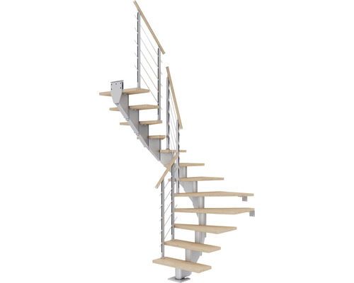 Escalier à crémaillère Pertura Alena 1/2 tournant 75 cm garde-corps à barres horizontales chêne blanc huilé 11 marches/12 pas de marche