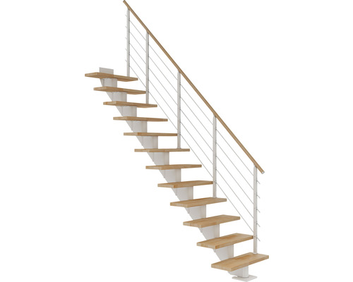 Escalier à crémaillère Pertura Alena blanc droit 85 cm garde-corps à barres horizontales bois de hêtre lamellé-collé huilé 12 marches/13 pas de marche