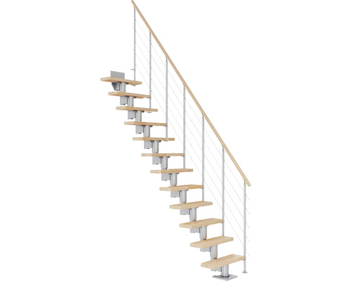 Pertura Mittelholmtreppe Spiros Perlgrau 65 cm Relinggeländer Buche Leimholz Lackiert 11 Stufen 12 Steigungen