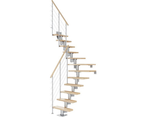 Escalier à limon central Pertura Spiros gris perle 65 cm garde-corps à barres horizontales hêtre bois lamellé-collé vernis 11 marches 12 pas de marche