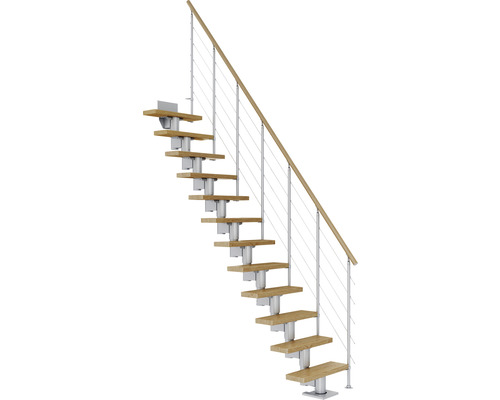 Escalier à crémaillère Pertura Spiros droit 65 cm garde-corps à barres horizontales chêne verni 11 marches/12 pas de marche