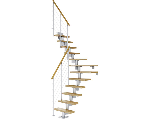 Pertura Mittelholmtreppe Spiros Perlgrau 65 cm Relinggeländer Eiche Lackiert 14 Stufen 15 Steigungen