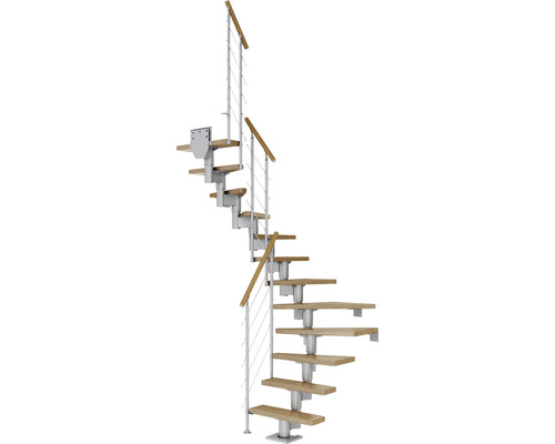 Escalier à limon central Pertura Spiros gris perle 65 cm garde-corps à barres horizontales chêne vernis 12 marches 13 pas de marche