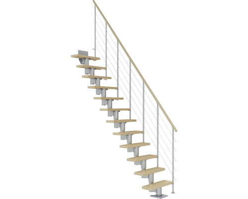 Escalier à limon central Pertura Spiros gris perle 65 cm garde-corps à barres horizontales érable bois lamellé-collé vernis 13 marches 14 pas de marche