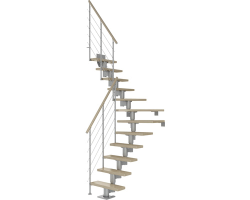 Escalier à limon central Pertura Spiros gris perle 65 cm garde-corps à barres horizontales érable bois lamellé-collé vernis 11 marches 12 pas de marche