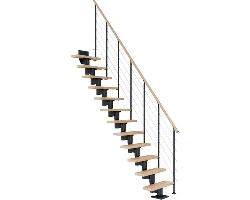 Escalier à limon central Pertura Spiros anthracite 65 cm garde-corps à barres horizontales hêtre bois lamellé-collé vernis 12 marches 13 pas de marche