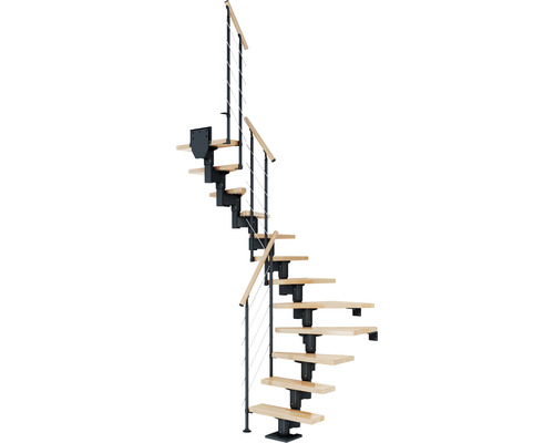 Escalier à limon central Pertura Spiros anthracite 65 cm garde-corps à barres horizontales hêtre bois lamellé-collé vernis 11 marches 12 pas de marche