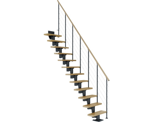 Escalier à crémaillère Pertura Spiros anthracite droit 65 cm garde-corps à barres horizontales chêne verni 13 marches/14 pas de marche