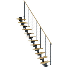 Escalier gain de place avec marches en bois, garde-corps en acier et main courante