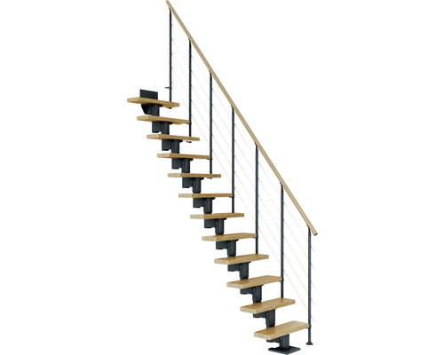 Escalier à crémaillère Pertura Spiros anthracite droit 65 cm garde-corps à barres horizontales chêne verni 14 marches/15 pas de marche