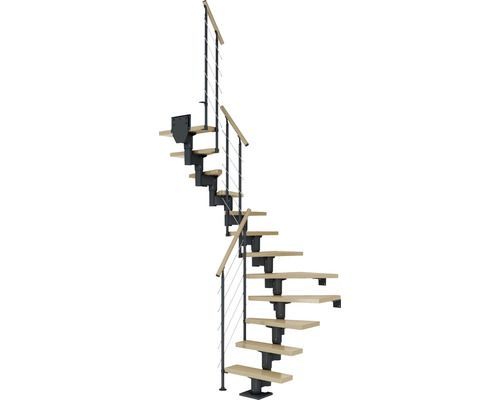 Escalier à limon central Pertura Spiros anthracite 65 cm garde-corps à barres horizontales érable bois lamellé-collé vernis 14 marches 15 pas de marche