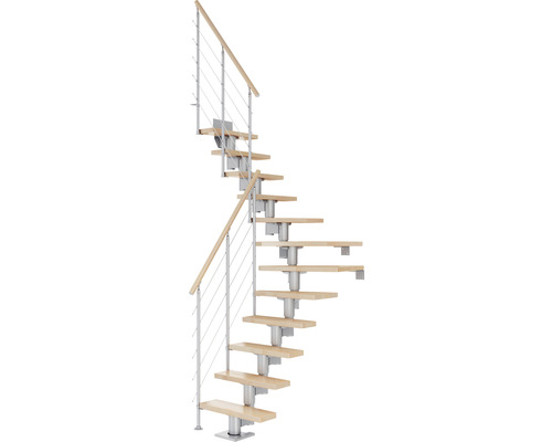 Escalier à limon central Pertura Spiros gris perle 75 cm garde-corps à barres horizontales hêtre bois lamellé-collé vernis 12 marches 13 pas de marche