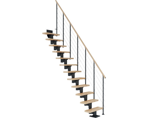 Escalier à limon central Pertura Spiros anthracite 75 cm garde-corps à barres horizontales hêtre bois lamellé-collé vernis 11 marches 12 pas de marche