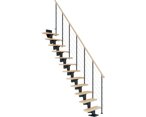 Escalier à crémaillère Pertura Spiros anthracite droit 75 cm garde-corps à barres horizontales bois de hêtre lamellé-collé verni 12 marches/13 pas de marche