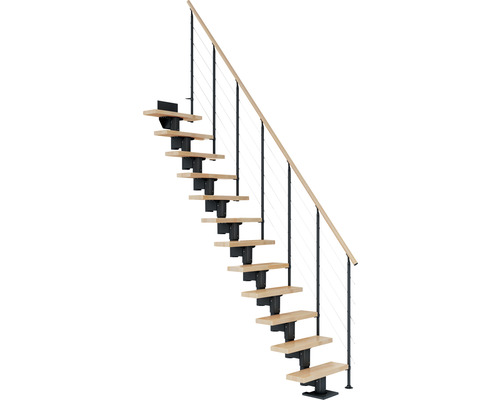 Escalier à crémaillère Pertura Spiros anthracite droit 75 cm garde-corps à barres horizontales bois de hêtre lamellé-collé verni 13 marches/14 pas de marche